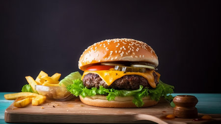 Hamburger with french fries on wooden table. Dark background.の素材