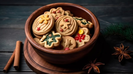 Christmas cookies in a wooden bowl on a dark wooden background, top viewの素材