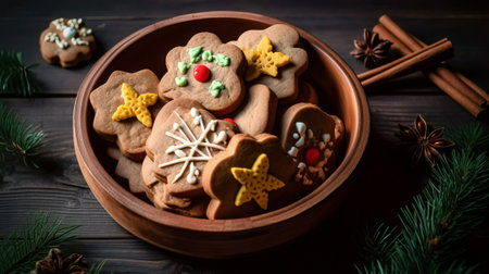 Christmas gingerbread cookies in bowl on wooden background, top view.の素材