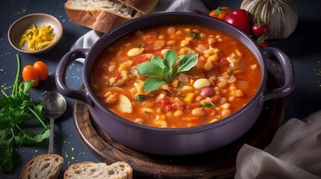 Chickpea soup with vegetables and legumes in a bowl. Selective focus.の素材