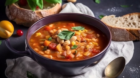 Chickpea soup with vegetables in a bowl. Selective focus.の素材
