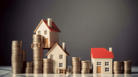 Miniature house and stack of coins with copy space for your textの素材