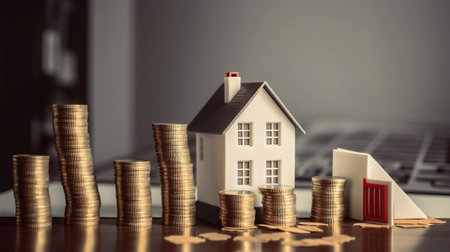 House model and coins. Real estate investment and property ladder concept.の素材