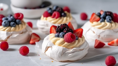 Pavlova meringue with fresh berries on a light backgroundの素材
