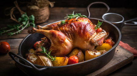 Roast chicken with potatoes and thyme in a pan on wooden backgroundの素材