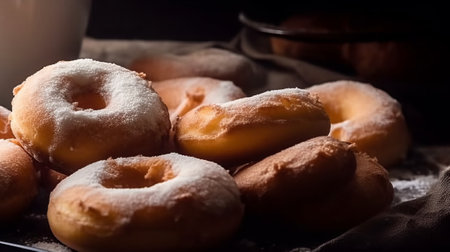 Homemade donuts in powdered sugar on a black background. Selective focus.の素材