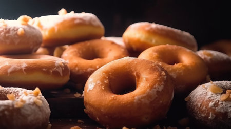 Donuts on a black background. Close-up, selective focus.の素材
