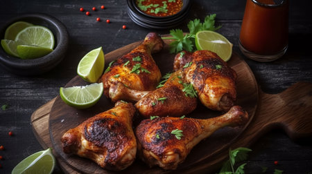 Grilled chicken drumsticks on a wooden board with sauce and limeの素材