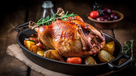 Baked whole chicken with potatoes and herbs on rustic wooden backgroundの素材