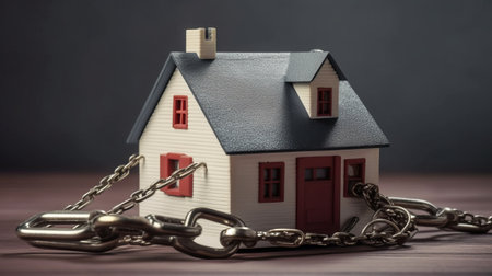 House chained to a chain on a wooden table in front of a dark backgroundの素材