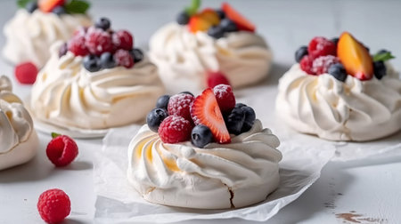 Meringue Pavlova with fresh berries on a white backgroundの素材