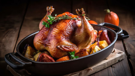 Roasted whole chicken with vegetables and thyme in a baking dishの素材