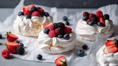 Meringue Pavlova with fresh berries on a gray backgroundの素材