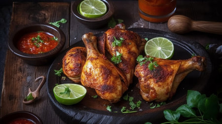 Grilled chicken legs with salsa sauce and lime on a wooden boardの素材
