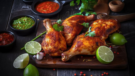 Grilled chicken legs on wooden board with sauce and lime on black backgroundの素材