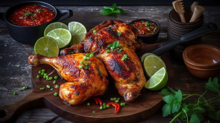 Grilled chicken with herbs and spices on a dark wooden background.の素材