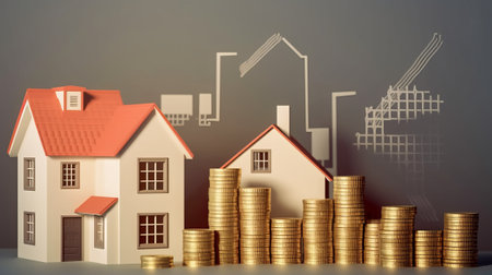 Real estate investment and saving concept with house model and gold coins.の素材