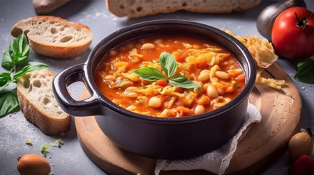 Vegetable soup with beans and tomato in a bowl. Selective focus.の素材