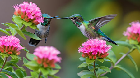 Couple of Ruby-throated Hummingbirds (archilochus colubris) perching on pink flower in garden, hummingbird sucking nectar from blossom,colorful background,nature scene,exotic adventure,wildlifeの素材