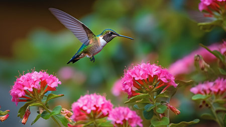 Male Ruby-throated Hummingbird (archilochus colubris) in flight with pink flowers in backgroundの素材