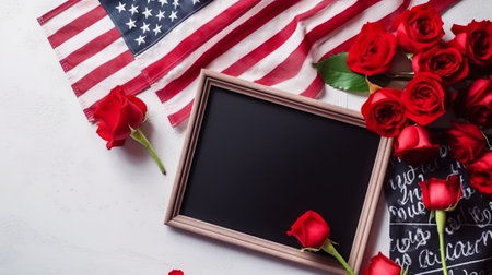 American flag, blackboard and red roses on a white background.の素材