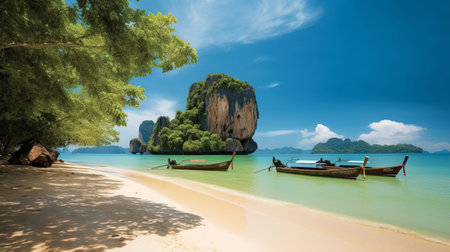 Tropical beach with longtail boats in Krabi, Thailandの素材