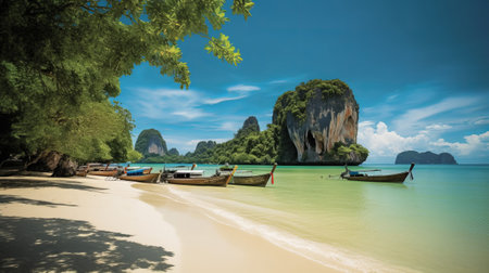 Tropical beach with longtail boats in Krabi, Thailandの素材