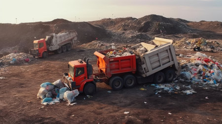 Garbage dump in the desert. Garbage dump truck with garbage.の素材