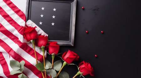 top view of american flag and red roses on black background with copy spaceの素材