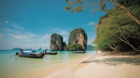 Tropical beach with longtail boats in Krabi, Thailandの素材
