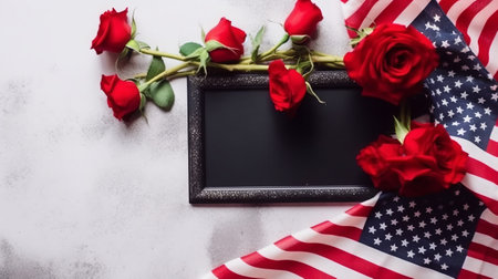 Red roses and American flag on a marble background with copy space.の素材