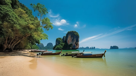 Panoramic view of long tail boats at Railay beach, Krabi, Thailandの素材