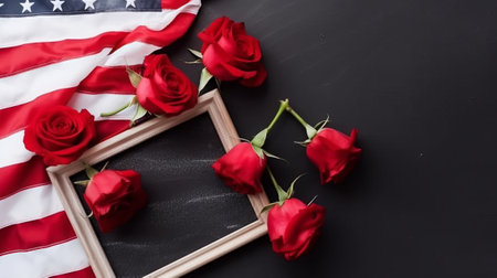top view of red rose flowers and american flag on blackboardの素材