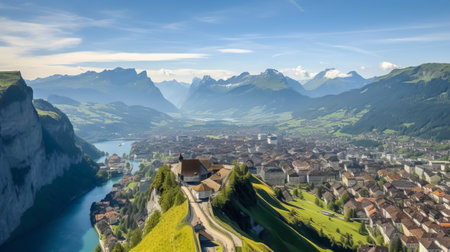 Panoramic view of the Swiss Alps and lake Lucerneの素材