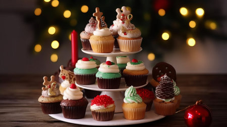 Christmas cupcakes with candles on wooden table in front of Christmas lightsの素材