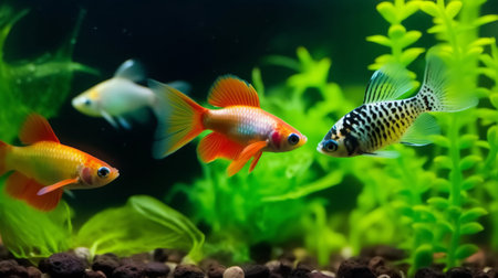 Siamese fighting fish in a tank with green plants. Aquariumの素材
