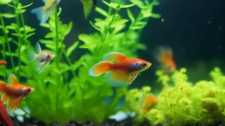 Goldfish in an aquarium. Beautiful underwater world with colorful fish.の素材