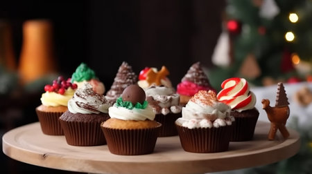 Christmas cupcakes decorated with whipped cream and chocolate on a wooden trayの素材