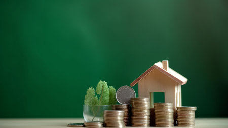 House model and coins with green chalkboard background, saving money for buy a house conceptの素材