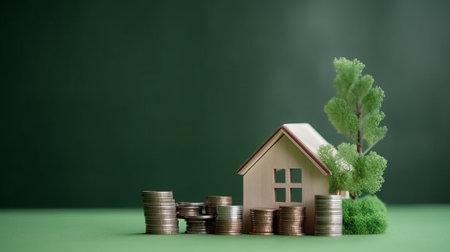 House model and coins on green background. Real estate investment and saving concept.の素材