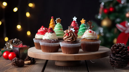Christmas cupcakes on wooden table with Christmas tree and lights on backgroundの素材