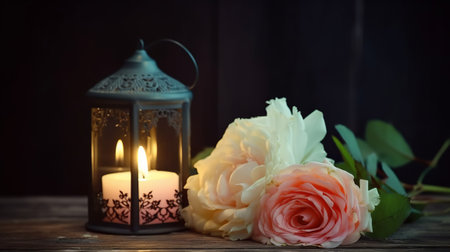 Lantern with candle and roses on wooden table, dark backgroundの素材