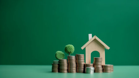 Miniature house and coins on green background with copy space for your textの素材
