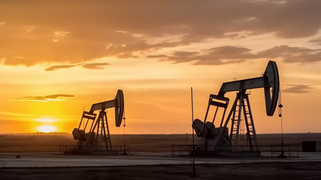 Oil pumps at sunset. Oil industry equipment. Oil industry equipment.の素材