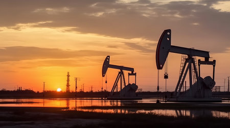 Oil pump, industrial equipment in the setting sun. Oil industry.の素材