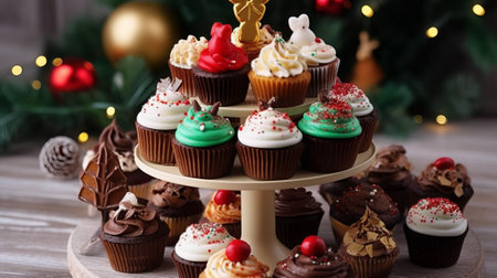 Tasty cupcakes on stand on table with Christmas decorations on backgroundの素材