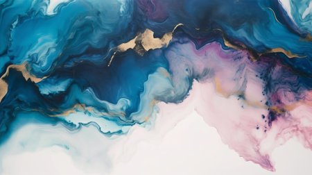 Abstract paint background. Blue and gold marble texture. Fluid art.の素材