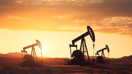 Oil pumps in the desert at sunset. 3d render illustration.の素材