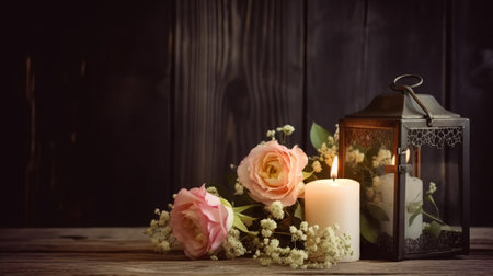 Romantic still life with a candle and flowers on a wooden backgroundの素材