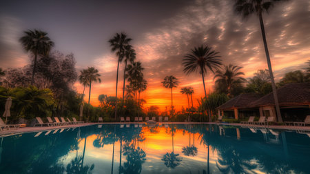 Swimming pool with palm trees in the background at sunset time.の素材